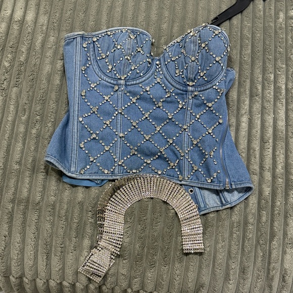 Miss Lola Tops - Miss Lola Blue Studded Corset Top with Belt